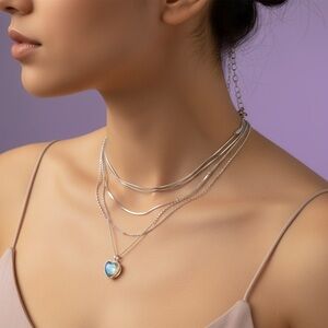 Silver Plated Moonstone Heart  Layered Necklace. New.